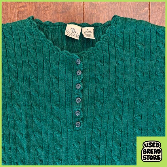Vintage 90s Cable Knit Scalloped Henley Sweater Womens M Green Cascade Blues - Picture 2 of 5
